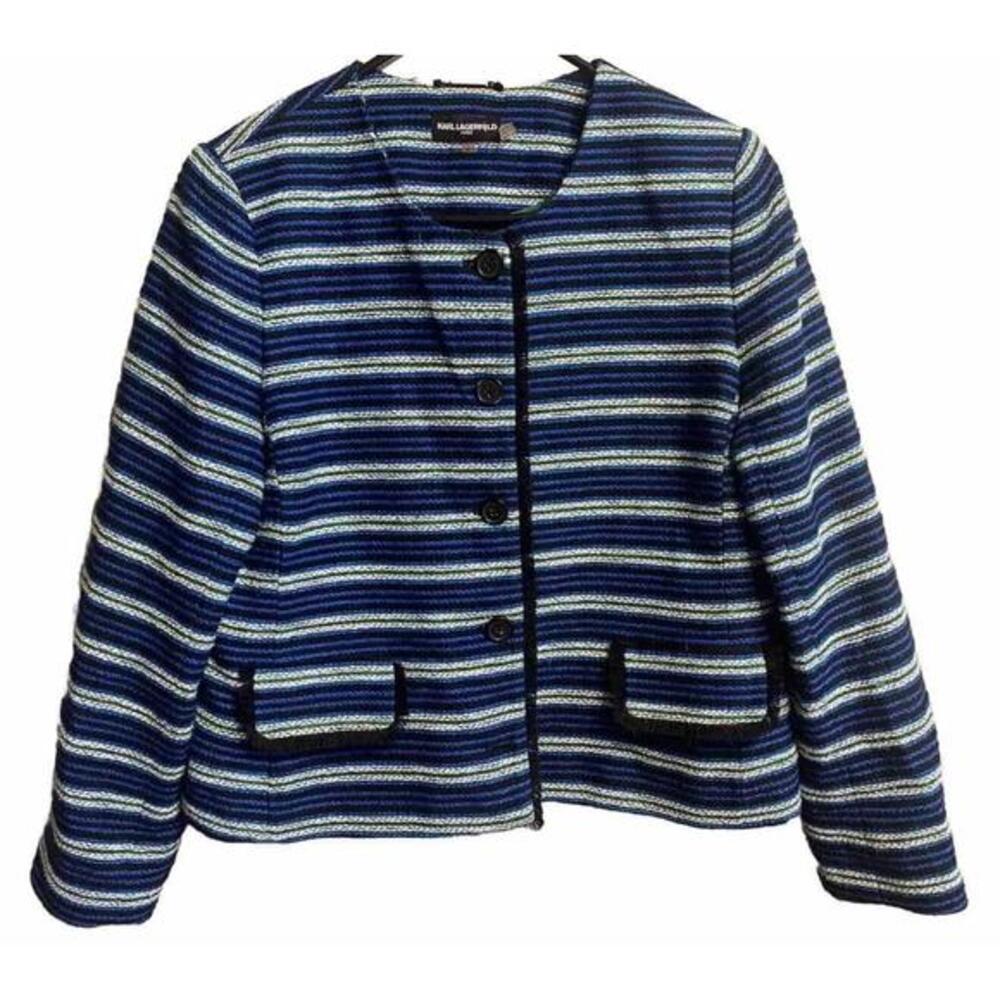 Karl Lagerfeld Size 16 Fringe Tweed Poly Cotton Blend Career‎ Blazer Jacket